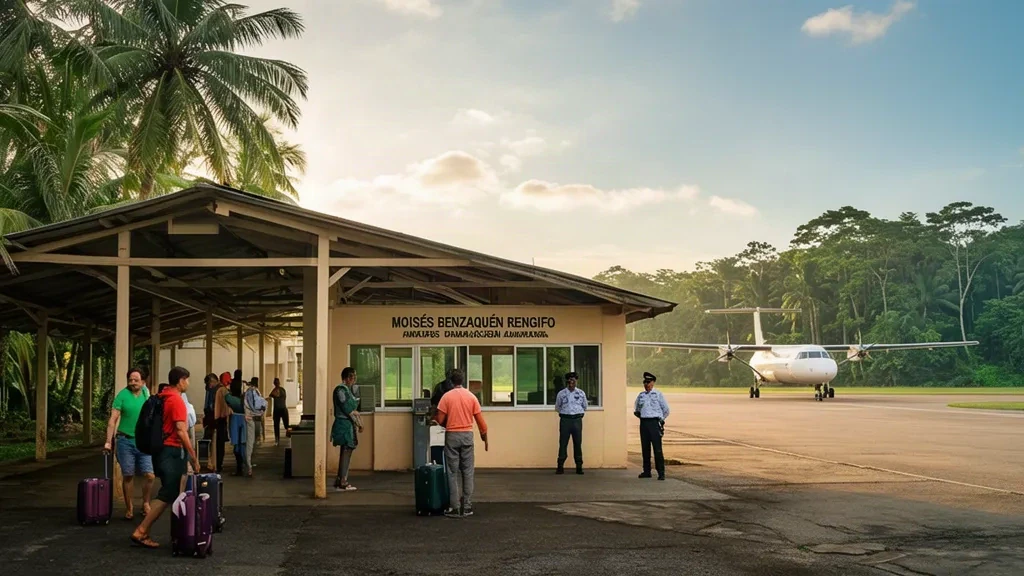 Terminal de l'aéroport Moises Benzaquen Rengifo à Yurimaguas, au Pérou, avec des voyageurs et un avion à turbopropulseur dans un cadre amazonien tropical