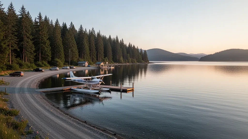 Ein Wasserflugzeug am Steg der Mansons Landing Seaplane Base auf Cortes Island, British Columbia, mit ruhigem Wasser und immergrünem Wald.