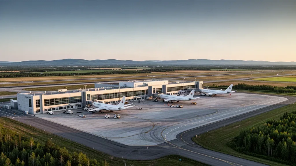Vue panoramique du tablier cargo, du terminal et de la piste de l'aéroport international Montréal-Mirabel avec des avions cargo stationnés dans la lumière du matin