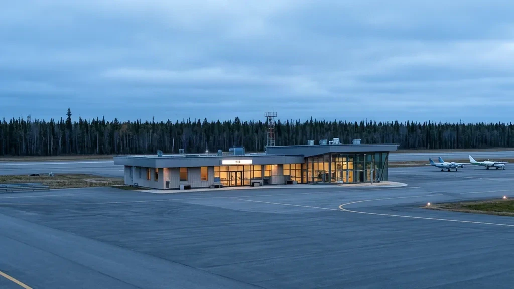 Vista exterior del edificio terminal y la pista del aeropuerto de Maniwaki YMW en Quebec, Canadá.