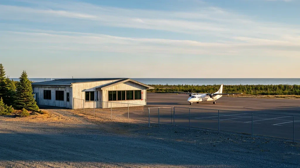 Pequeño edificio de terminal y aeronave regional estacionada en el Aeropuerto Natashquan YNA, en la Costa Norte de Quebec, vista desde la plataforma con luz de finales de la tarde