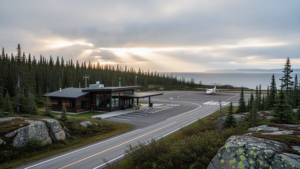 Terminal remoto dell'aeroporto di Natashquan in Quebec, incorniciato dalla foresta boreale e dal Golfo di San Lorenzo, con un piccolo turboelica sull'apron.