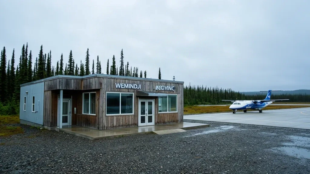 Vista exterior de la terminal del aeropuerto de Wemindji en Quebec, con plataforma de grava y bosque boreal bajo un cielo nublado.