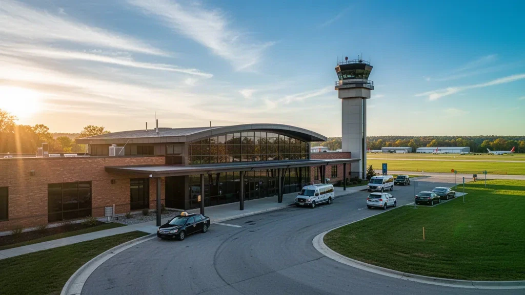 Golden-hour view of a modern brick and glass terminal and control tower at Youngstown-Warren Regional Airport with its curbside drop-off lane