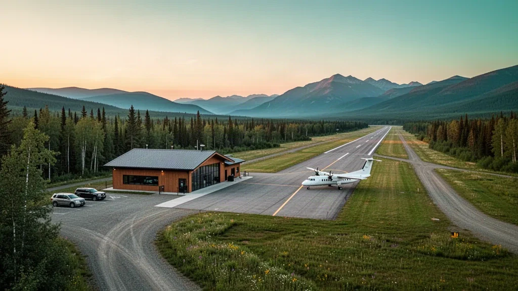Small regional airfield near Hudson's Hope, British Columbia, with a gravel runway, modest terminal and forested river valley at golden hour