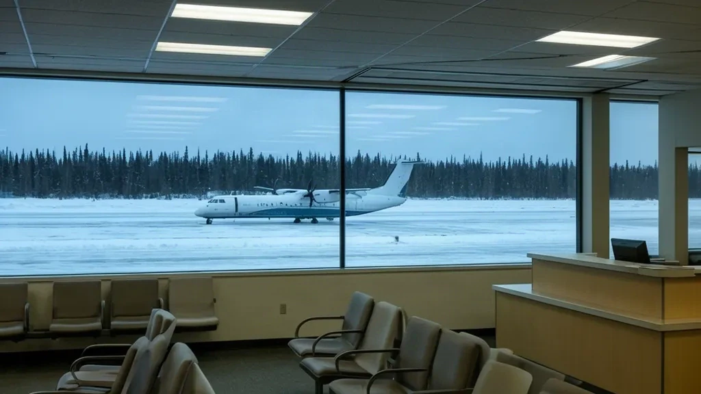 Intérieur d'un petit terminal à l'aéroport de Norway House YNE au Manitoba, avec une aire de trafic enneigée et la forêt boréale au-delà