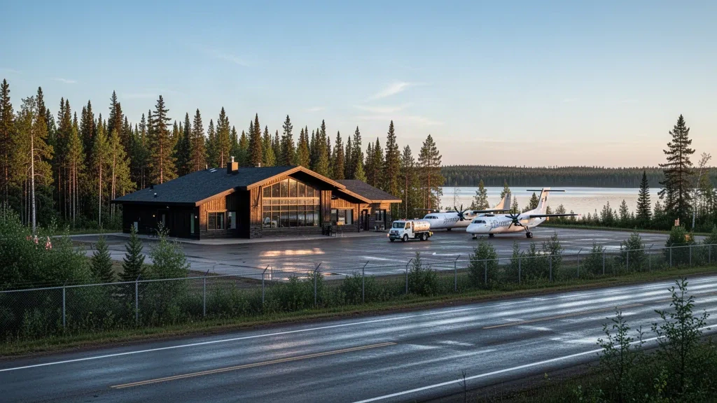 Piccolo terminal aeroportuale del Canada settentrionale e piazzale pavimentato a Norway House, Manitoba, circondati dalla foresta boreale vicino al lago