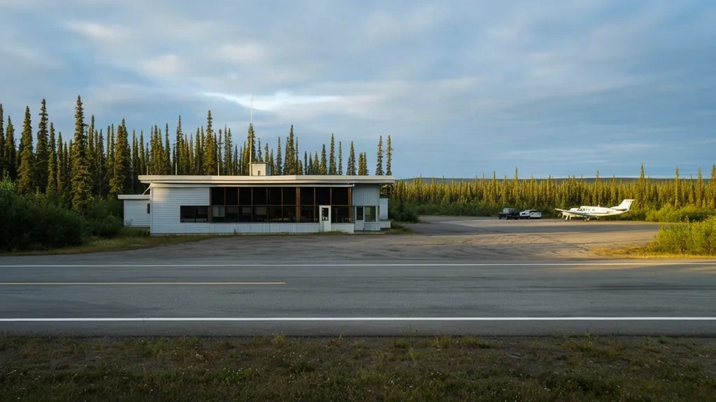 Edificio de terminal de una sola planta y plataforma en el Aeropuerto de Matagami, en el norte de Quebec, rodeado de bosque boreal bajo un cielo pálido