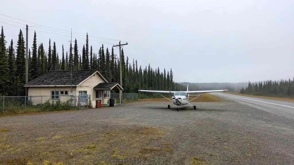 Pequeño edificio terminal remoto y plataforma de grava en el Aeropuerto de North Spirit Lake YNO, en Ontario, Canadá, rodeado de bosque boreal bajo cielos nublados