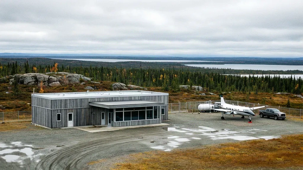Kleines nördliches kanadisches Terminalgebäude und Schottervorfeld am Nemiscau Airport YNS in Quebec unter einem weiten bedeckten Himmel.