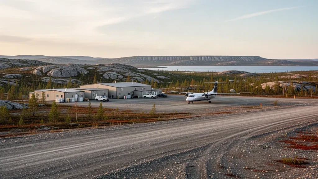Veduta ampia della pista in ghiaia e del piazzale dell'aeroporto di Snap Lake nella tundra dei Territori del Nord-Ovest, con un turbopropulsore e gli edifici del campo minerario remoto sotto una luce dorata