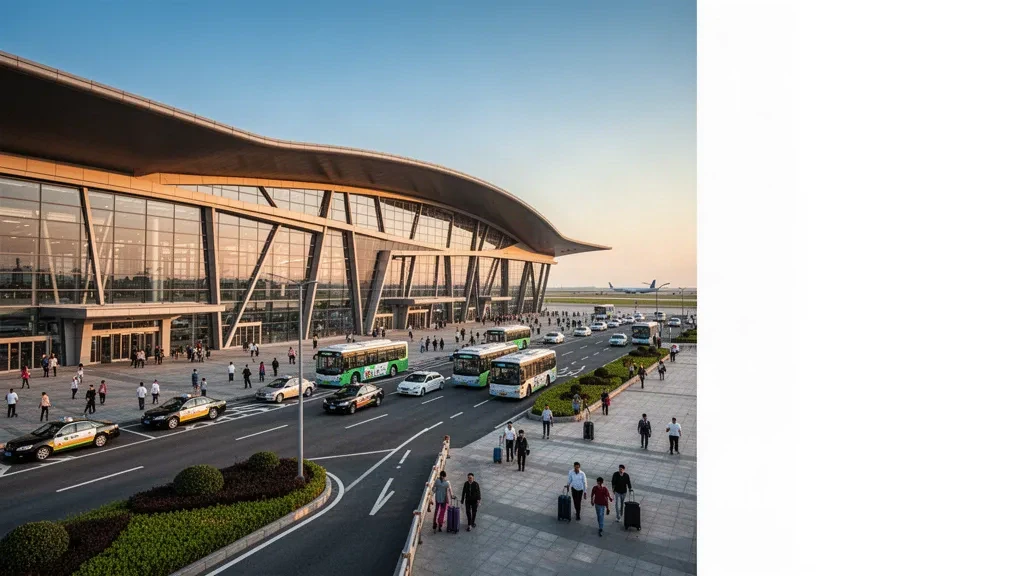 Terminal moderno con facciata in vetro e corsie di sosta all'aeroporto internazionale di Yancheng Nanyang nella calda luce serale.