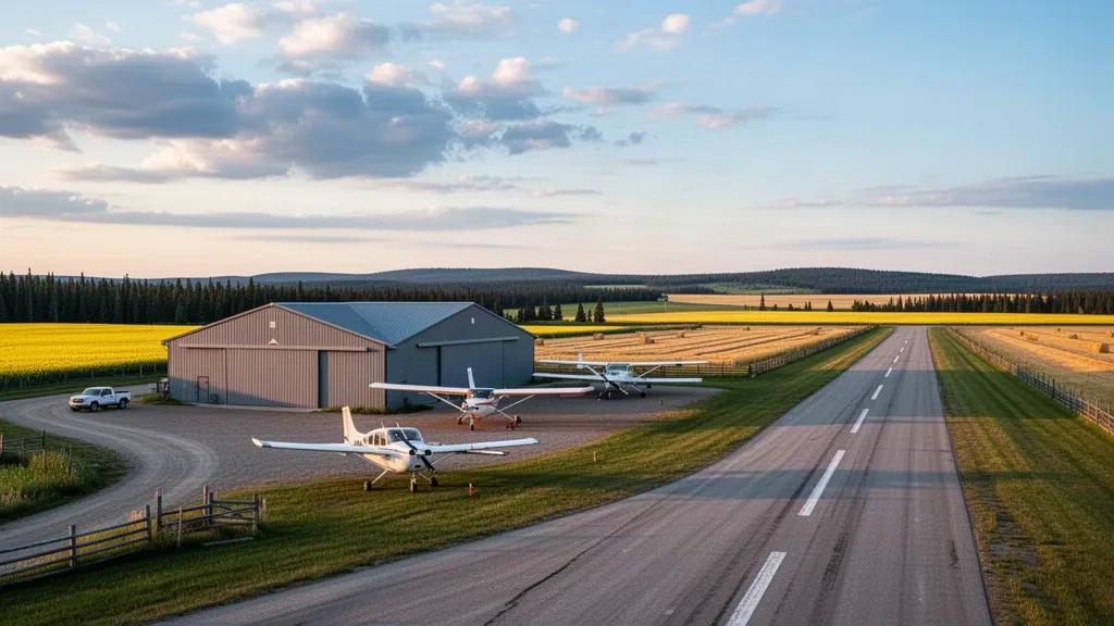 Vista durante la hora dorada del Aeropuerto Donnelly en Alberta, con una pista rural en la pradera, un pequeño hangar de acero y una aeronave ligera estacionada en la plataforma.