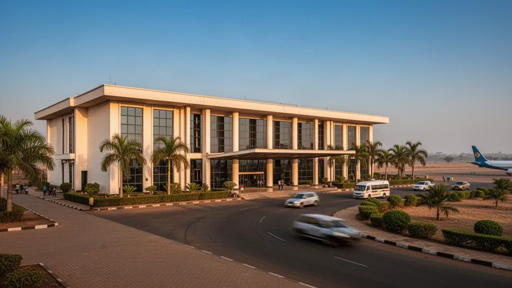 Moderno terminal basso e corsia di sosta all'aeroporto di Yola in Nigeria con palme, sotto la calda luce dorata del tramonto