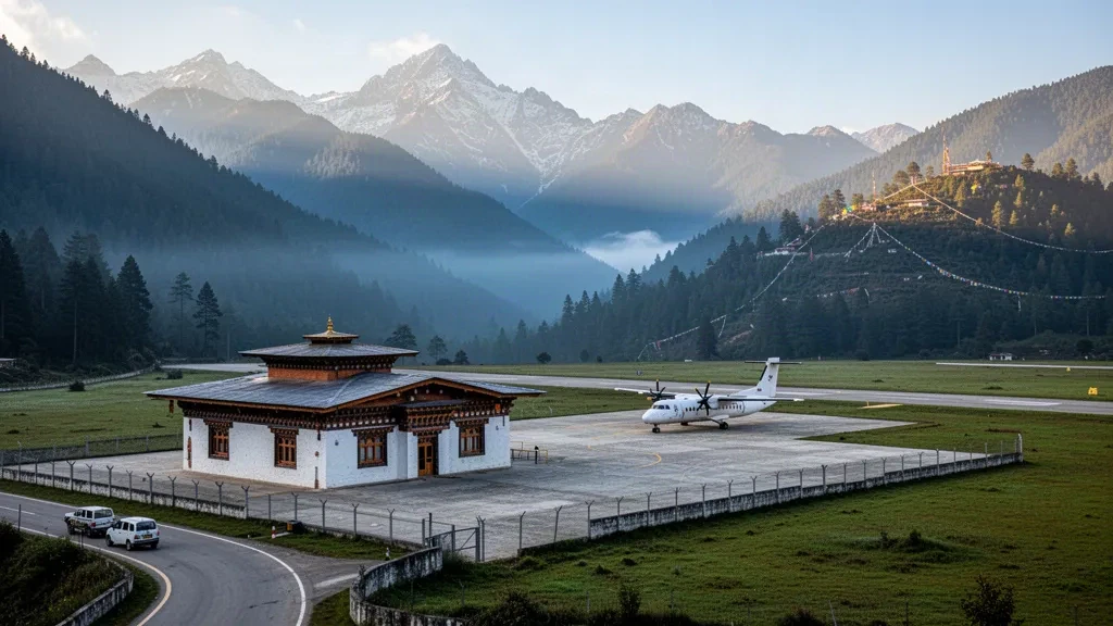 Terminal compact, piste en montagne et crêtes forestières de l'Himalaya à l'aéroport de Yongphulla à Trashigang, au Bhoutan, dans une douce lumière dorée du matin.