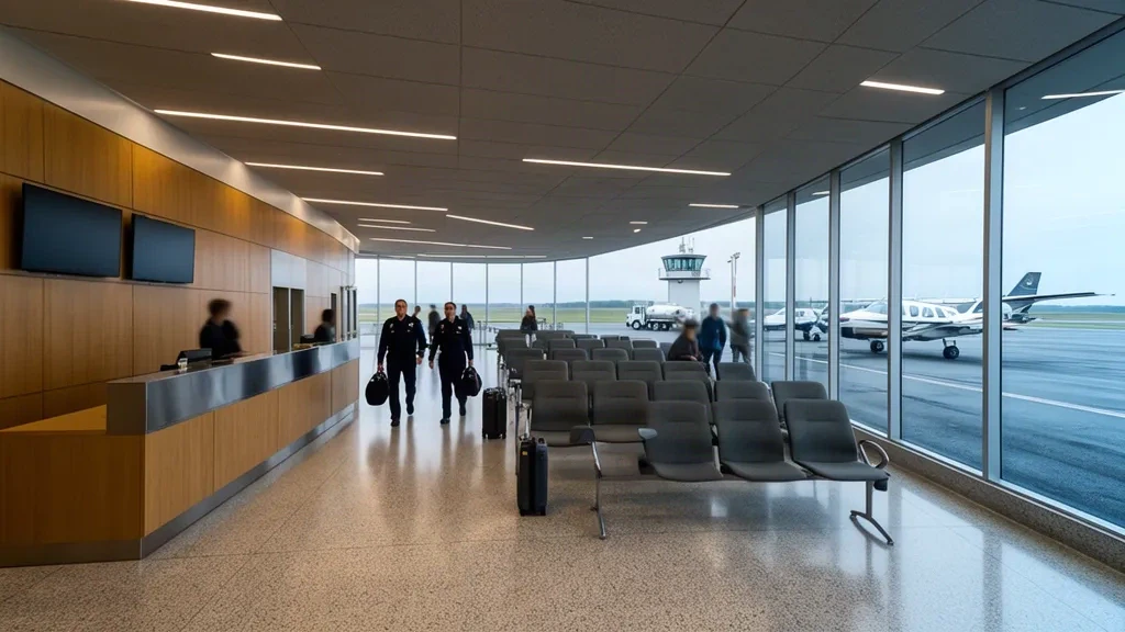 Intérieur lumineux du terminal de l'aéroport Oshawa Executive avec comptoirs d'enregistrement et fenêtres donnant sur l'aire de trafic des aéronefs