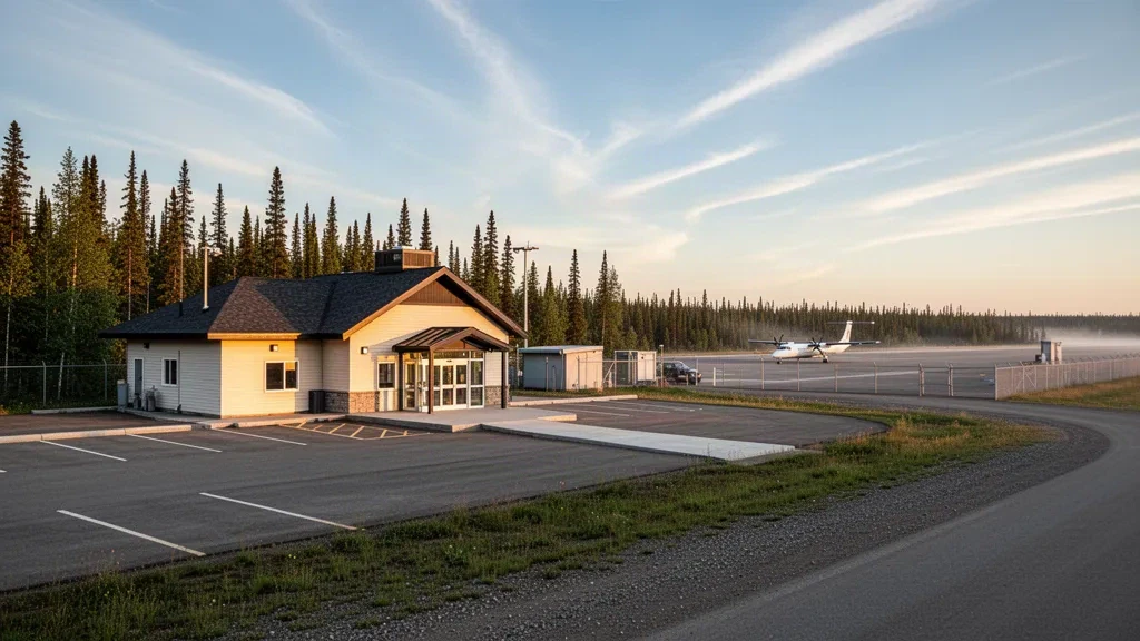Pequeña terminal regional y plataforma en el Aeropuerto Rainbow Lake, en el norte de Alberta, rodeada por bosque boreal bajo una cálida luz dorada
