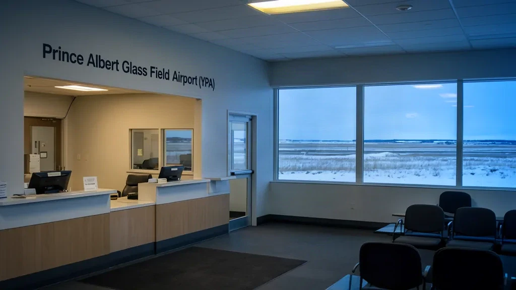 Interior of Prince Albert Glass Field Airport terminal in Saskatchewan with check-in area, seating, and large windows overlooking a snowy landscape.