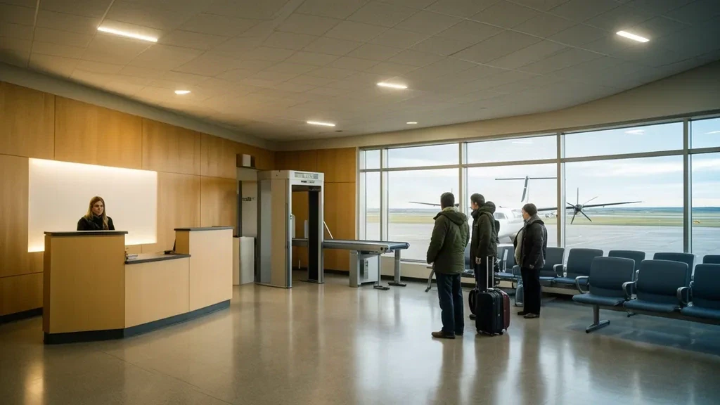 Interior of the regional passenger terminal at Peace River Airport YPE in Alberta with check-in counter and waiting area seating