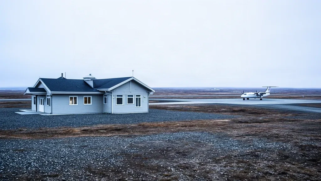 Piccolo edificio terminal e pista in ghiaia all'aeroporto di Inukjuak YPH nel Nunavik, Quebec, sotto un cielo artico freddo.