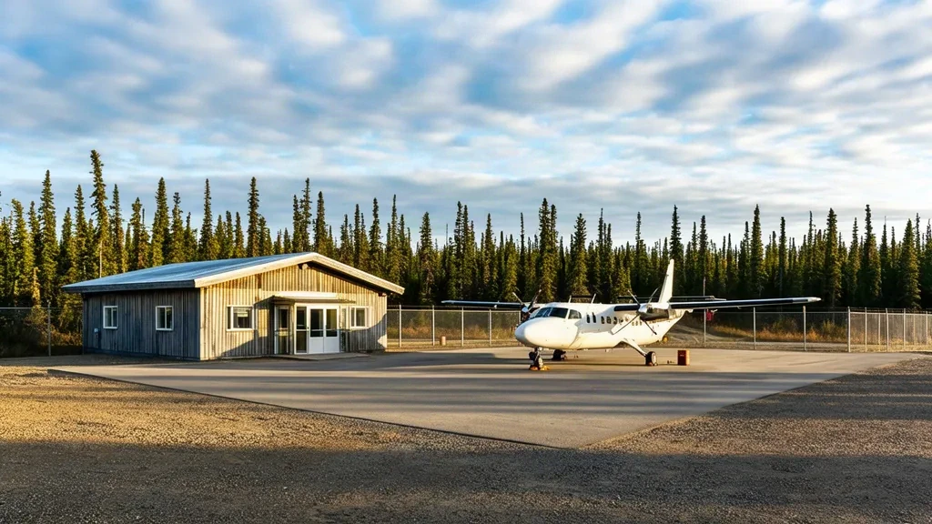Kuzeybatı Ontario'da boreal ormanla çevrili Pikangikum Havalimanı YPM'de küçük uzak topluluk havalimanı terminali ve çakıl apronu