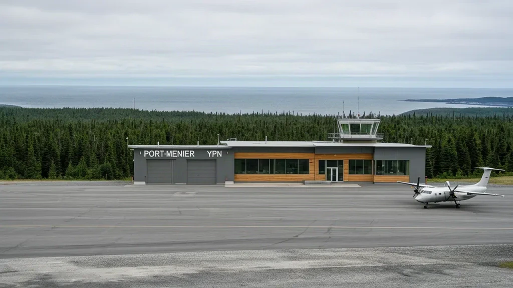 Pequeña terminal de un solo piso en el Aeropuerto de Port-Menier YPN en la Isla de Anticosti, con una plataforma pavimentada, bosque boreal y una suave luz diurna nublada.