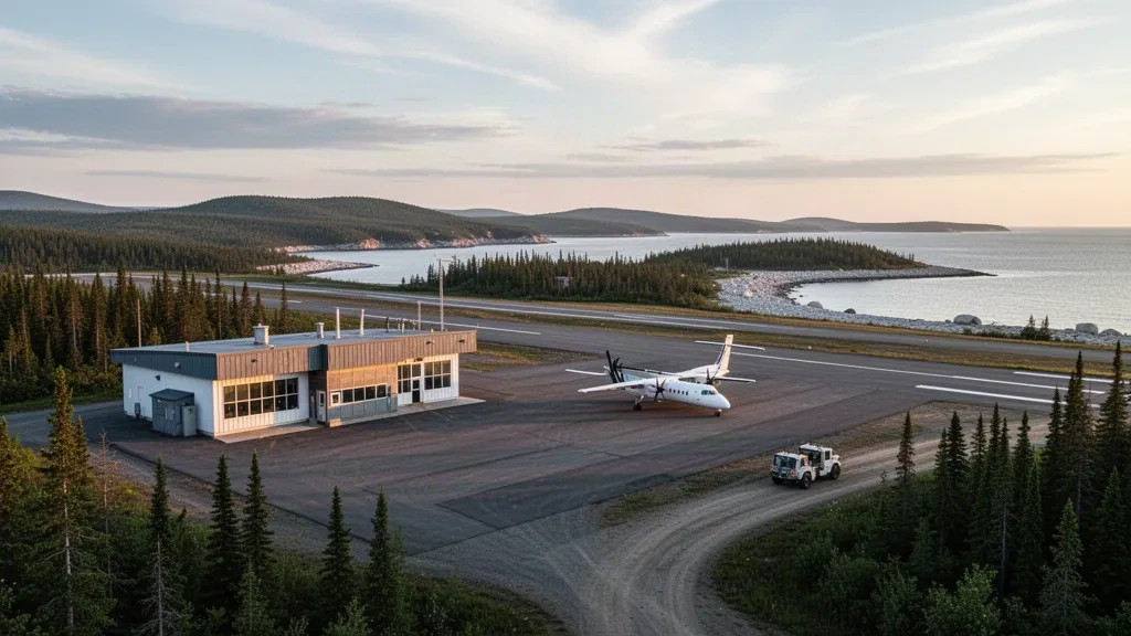 Petit terminal d'aéroport isolé et aire de stationnement sur l'île d'Anticosti près de Port-Menier, Québec, entourés de forêt boréale et du littoral du golfe