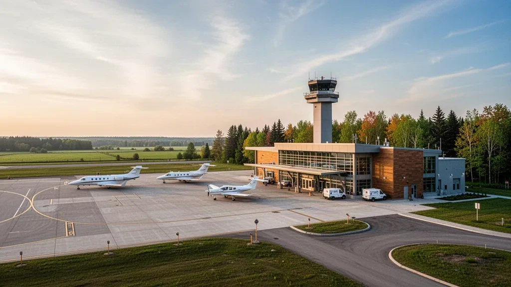 Terminal moderne en verre, tour de contrôle et petit avion sur le tarmac à l'aéroport régional de Peterborough en Ontario, au Canada, dans une lumière chaude de fin de journée