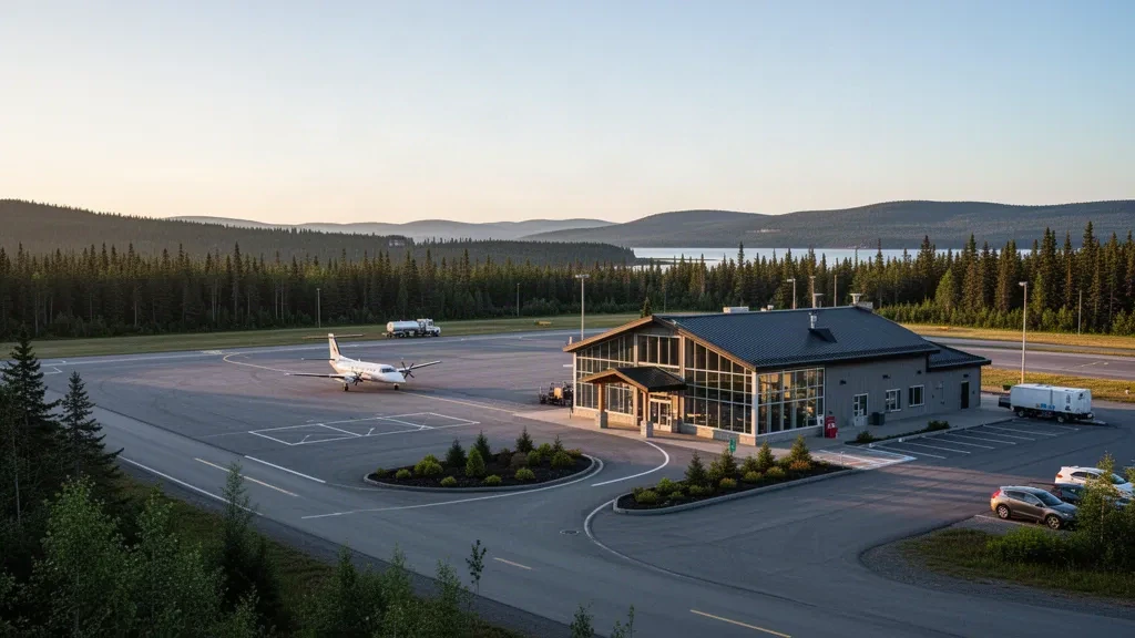 Compact glass terminal, apron and access road at Port Hawkesbury Airport in Nova Scotia, framed by coastal forest in warm evening light