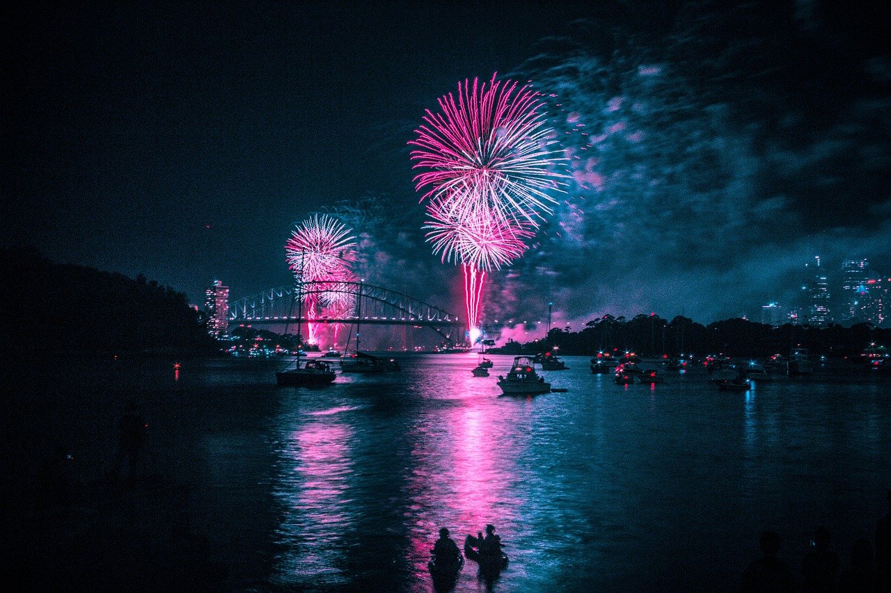 Feuerwerk, Hafen, Nacht, Feier, Hafen, Wasser, Spiegelungen, Natur, Brücke, Sydney, Neujahr, Sydney Harbour Bridge, Sydney Harbour Bridge