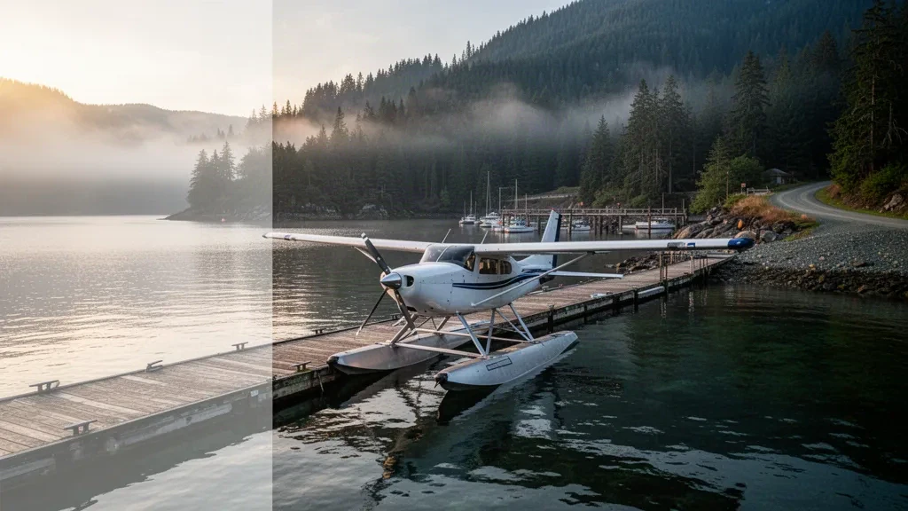 Hidroavión amarrado en el muelle de madera de la base de hidroaviones de Pender Harbour, en la Sunshine Coast de Columbia Británica, al amanecer
