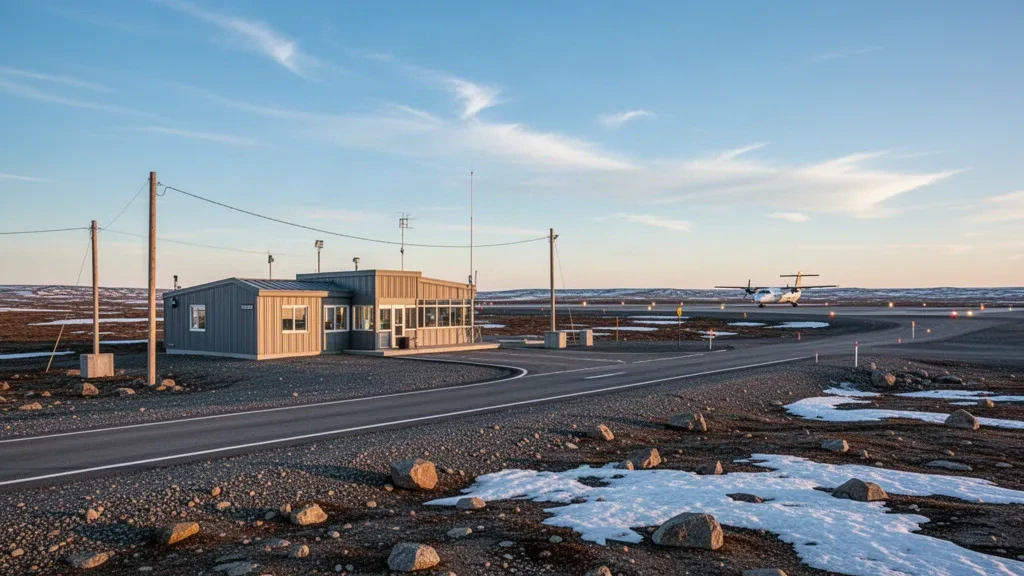 Kleines Terminal und Schotterapron am Flughafen Puvirnituq in Nunavik, Quebec, unter einem kalten nördlichen Himmel.