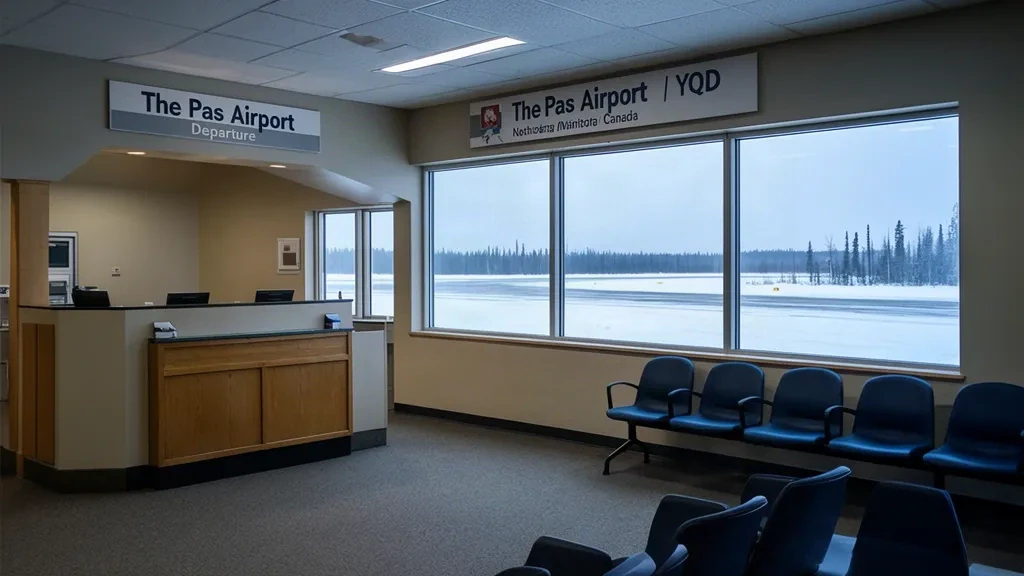 Interno del terminal YQD dell'aeroporto di The Pas in Manitoba, con banco del check-in, sala d'attesa e finestre che si affacciano sul campo di aviazione innevato.