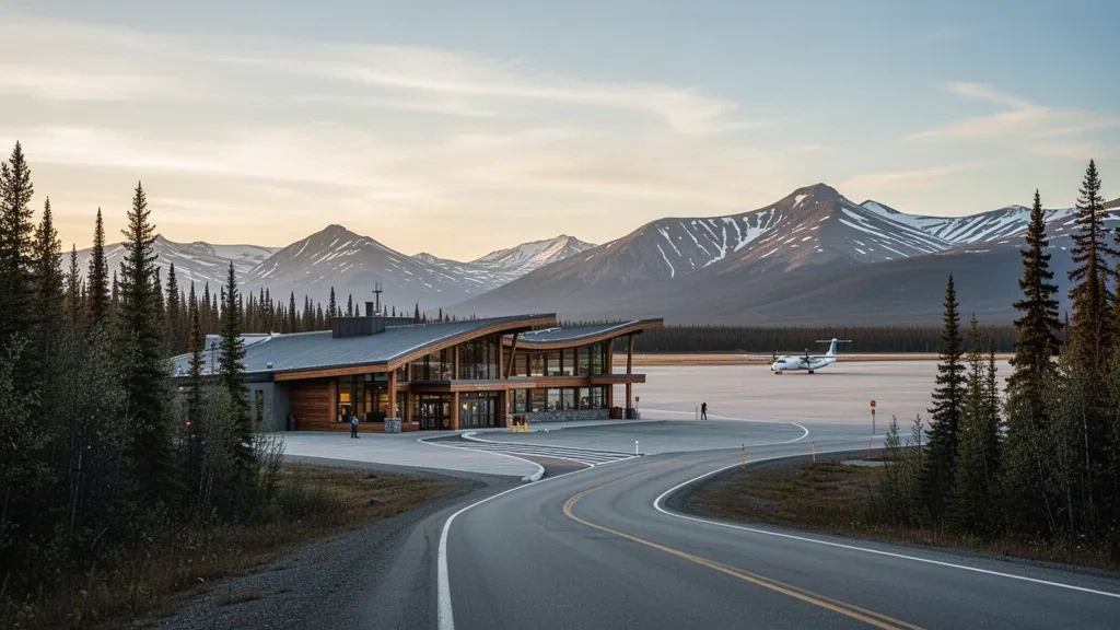 Pequeña terminal de aeropuerto regional y plataforma en Watson Lake, Yukón, rodeada de bosque boreal y montañas lejanas a la hora dorada