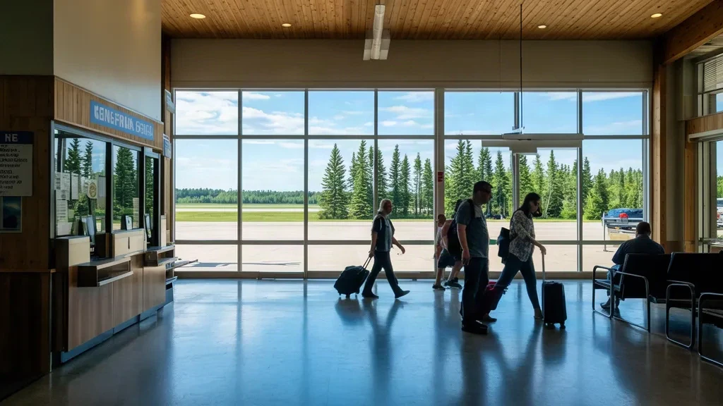 Innenbereich des Terminals des Kenora Airport YQK in Ontario mit Reisenden, Check-in-Bereich und großen Fenstern mit Blick auf das Vorfeld.