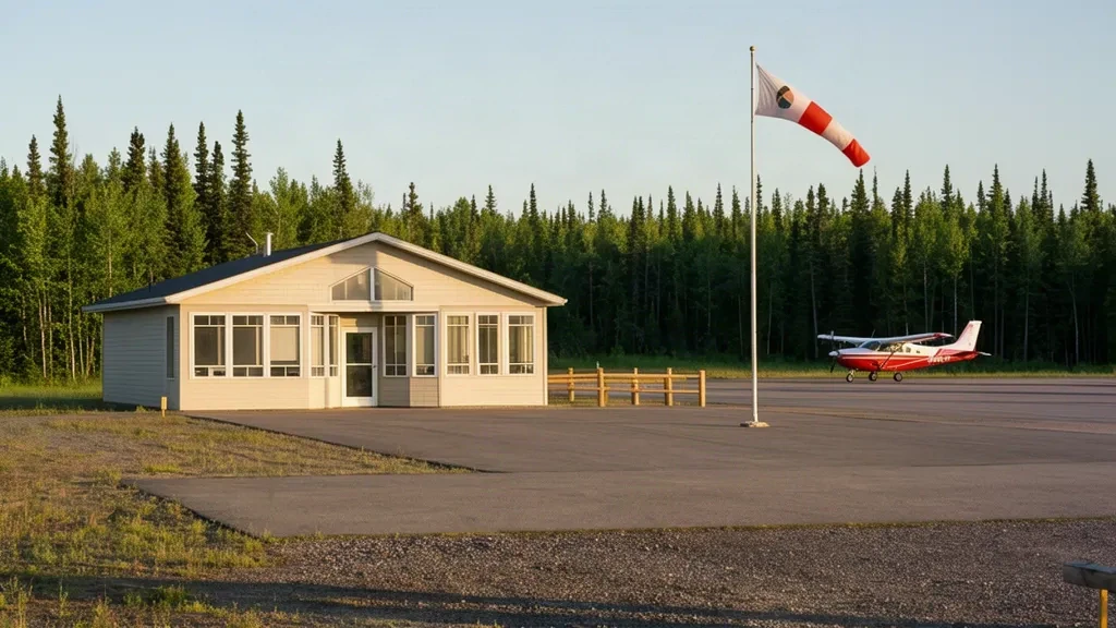 Pequeño edificio terminal rural en el Aeropuerto de Nakina (YQN) en Ontario, Canadá, rodeado de bosque boreal bajo un cielo despejado.