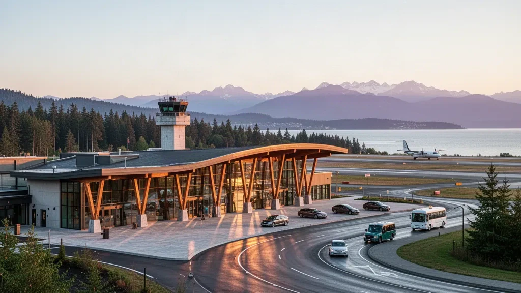 Terminal moderna de vidrio y madera con carril de descenso en el Aeropuerto Internacional de Comox Valley en Columbia Británica a la hora dorada