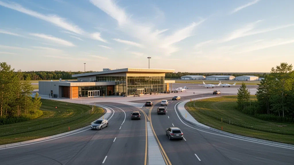 Esterno moderno del terminal dell'aeroporto municipale di St Thomas in Ontario con strada d'accesso, aeromobili parcheggiati e illuminazione dell'ora d'oro.