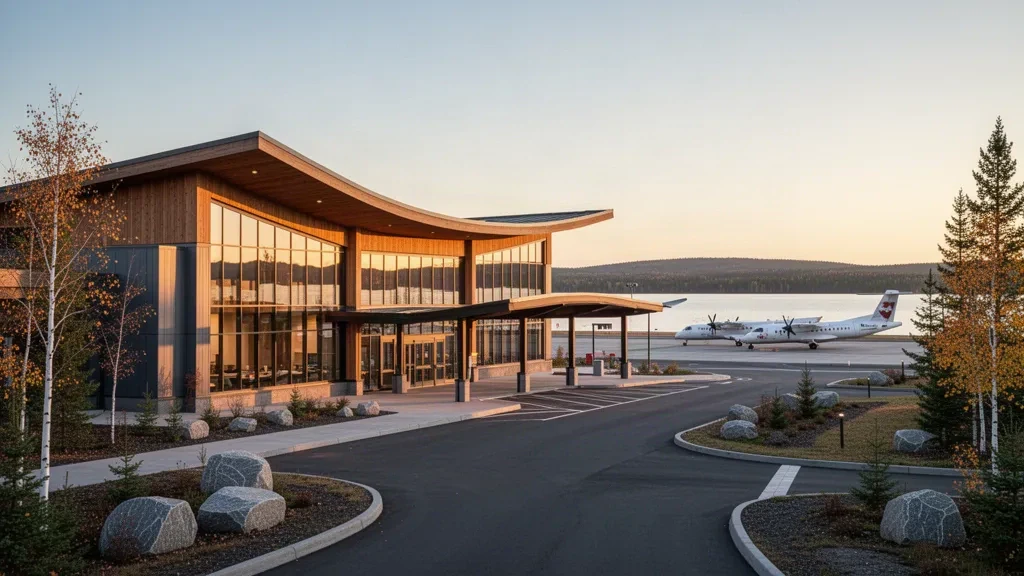 Terminal moderne en verre et auvent curviligne de dépose à l'aéroport international de Thunder Bay sous une lumière dorée, encadrés par la forêt et le lac du nord de l'Ontario