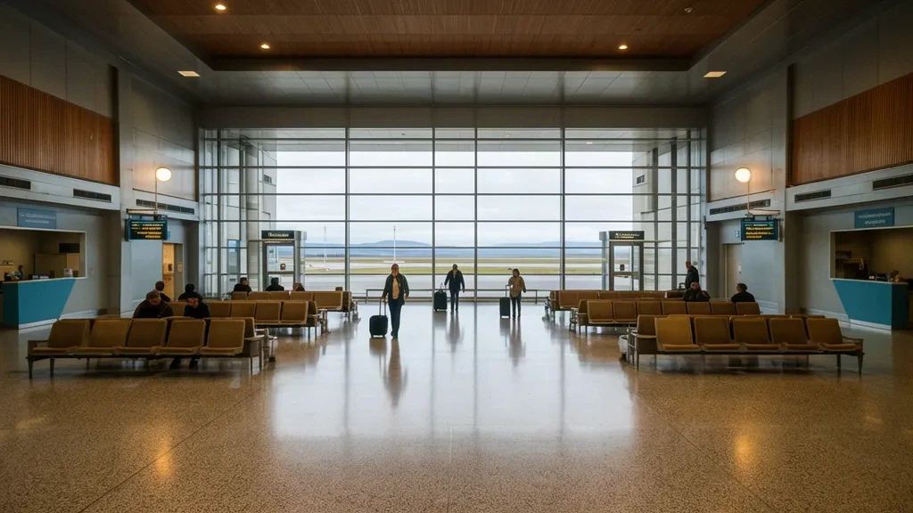 Interior of Gander International Airport YQX terminal in Newfoundland and Labrador with travelers and large windows.