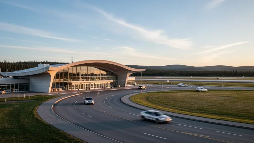 Terminal moderniste du milieu du XXe siècle et voie de dépose courbe à l'aéroport international de Gander, à Terre-Neuve, sous une chaude lumière dorée
