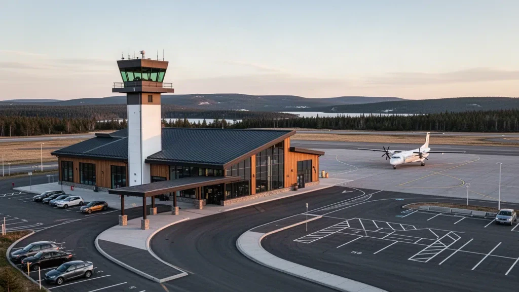 Modern terminal and control tower at Sydney/J.A. Douglas McCurdy Airport in Nova Scotia under soft coastal daylight
