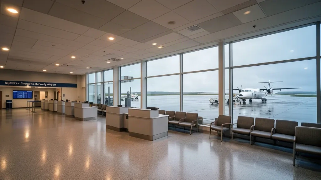 Bright departure hall and check-in area inside Sydney/J.A. Douglas McCurdy Airport in Nova Scotia, Canada