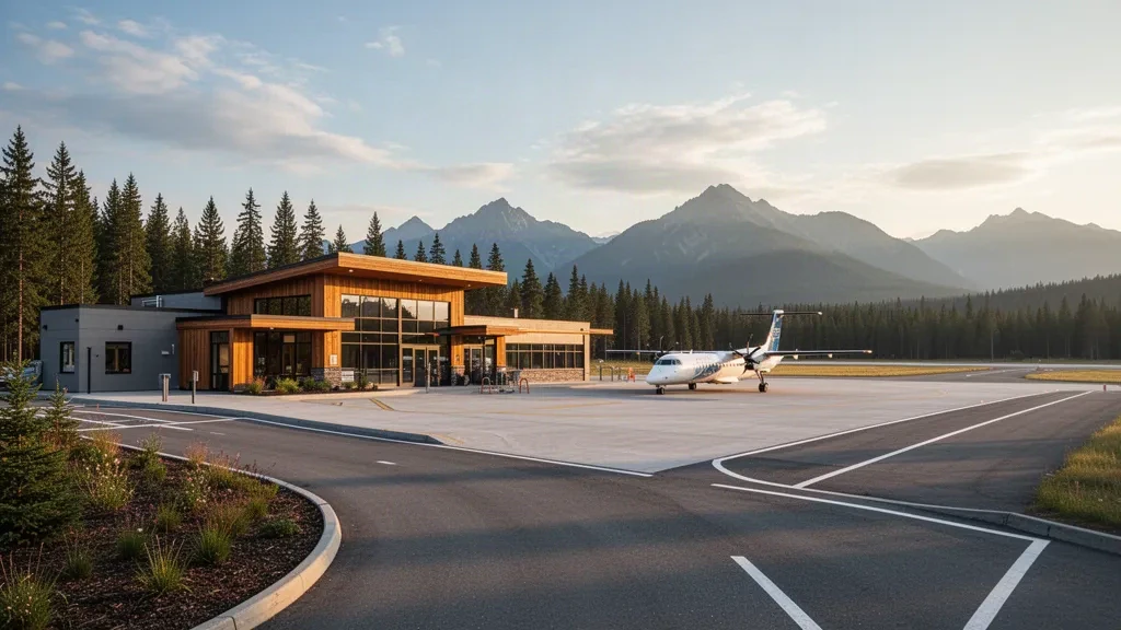 Terminal moderna y plataforma en el aeropuerto de Quesnel en Columbia Británica, rodeada de bosque de pinos y montañas durante la hora dorada.