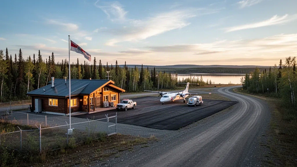 Small community airport terminal, gravel apron and parked commuter aircraft at Rae Lakes Airport near Gamètì, Northwest Territories, in golden northern light.