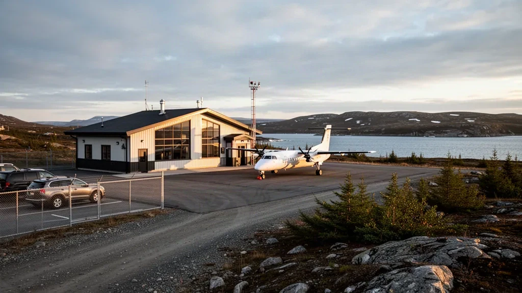 Remote coastal airport terminal and apron with a parked commuter aircraft in northern Labrador at golden hour, surrounded by rocky tundra and spruce