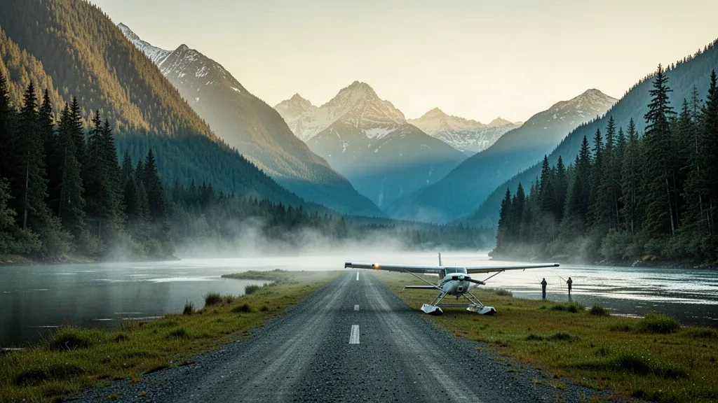 Remote gravel airstrip at Dean River Airport in British Columbia, framed by misty coastal rainforest and mountain peaks at dawn.