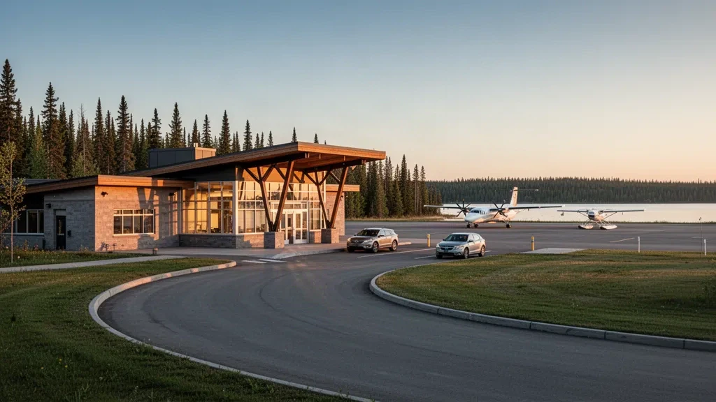 Terminal aeroportuaria moderna del norte de Ontario a la hora dorada cerca de Red Lake, con un carril de descenso, coches aparcados y un avión turbohélice en la plataforma.