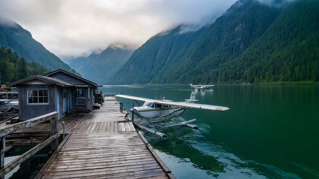 Floatplane docked at Rivers Inlet Seaplane Base in British Columbia, with forested mountains and calm inlet water.