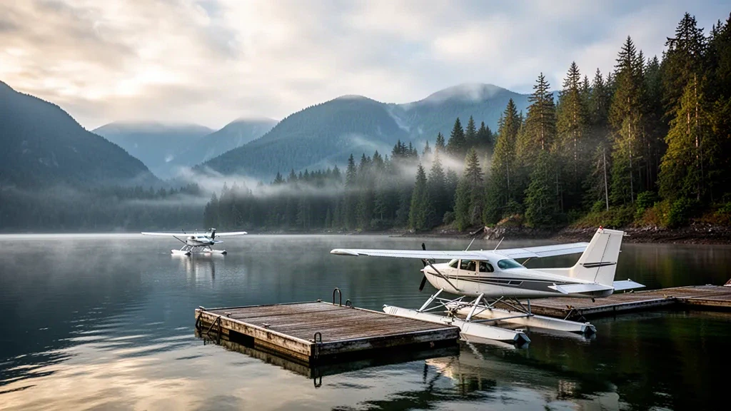 Idrovolante ormeggiato a un pontile di legno su Rivers Inlet, Columbia Britannica, incorniciato dalla foresta pluviale costiera nebbiosa e dalle creste montuose all'alba